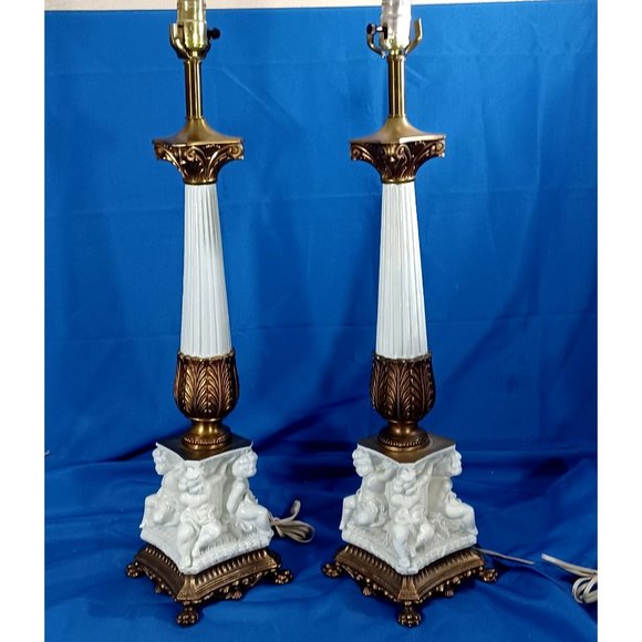 Must Buy Both Neoclassical  Bronze Cherub Hollywood Regency Buffet Table Lamp - Picture 1 of 16